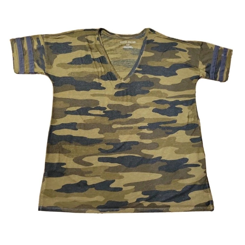 Lucky Brand Women's S Green Camouflage T-Shirt V-Neck Lightweight Slub Cotton SS